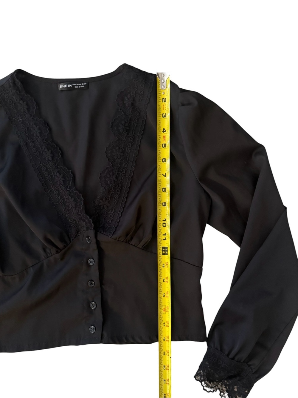 SHEIN Black Lace-Trim Button Crop Blouse - Picture 5 of 6